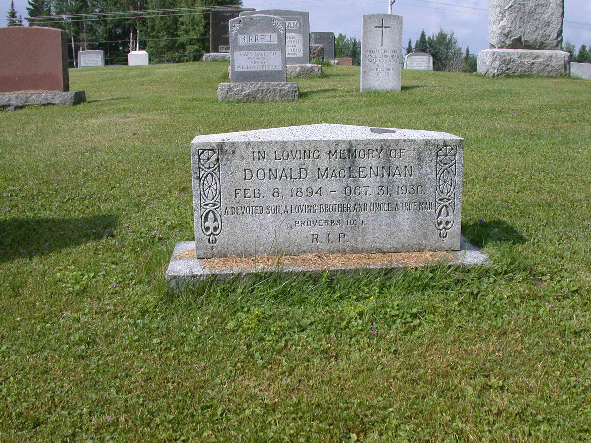 Photo of headstones/Donald MacLennan  died 1930 MI Lingwick Presbyterian Cemetery, Gould, Quebec